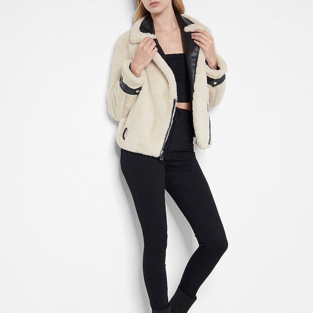 NWT-Faux Fur & Leather Trim Moto Jacket - Picture 3 of 6